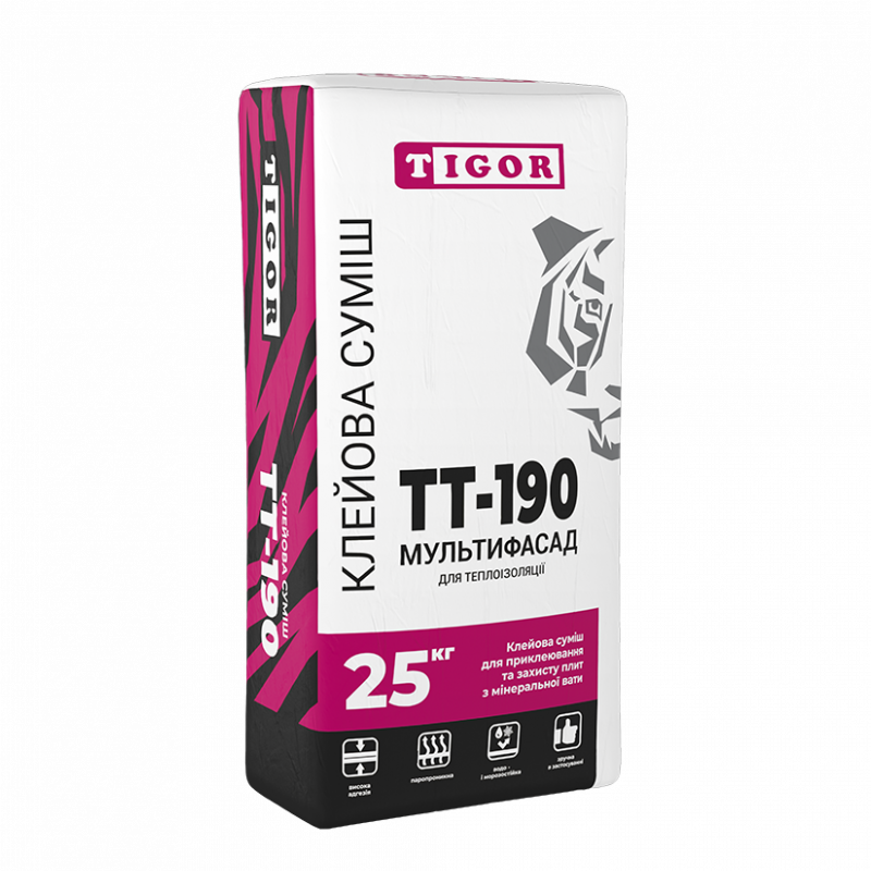 Клейова суміш для приклеювання та армування плит з мінеральної вати ТТ-190 МУЛЬТИФАСАД, TIGOR, сірий (25 кг)